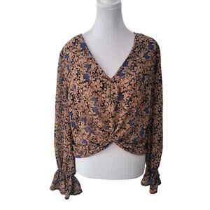 Lucy Paris Size L Brown Floral Sheer Scrunch‎ Waist Blouse Romantic Long Sleeve